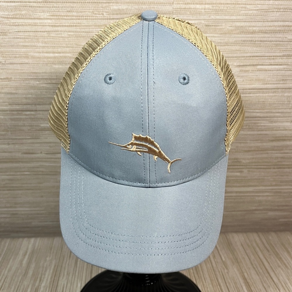 Tommy Bahama Marlin Logo Trucker Hat Blue Tan Snapback Mesh Cap Baja Margarita